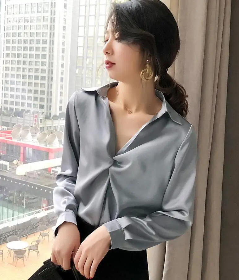 Kemeja wanita lengan panjang, baju wanita putih V-Neck Solid OL blus kantor elegan ramping s37