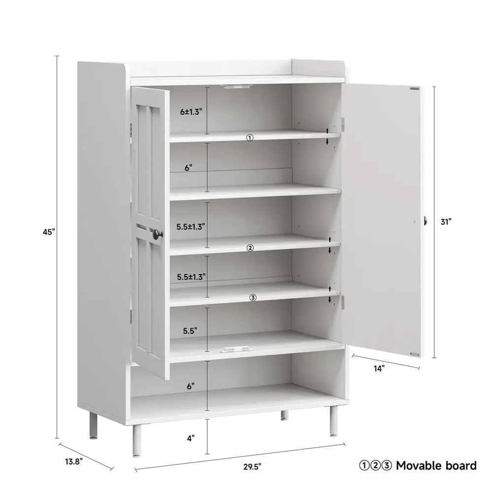 

Shoe Storage Cabinet with Cross Molding Doors, 6Tier Farmhouse Shoe Cabinet with 3 Adjustable Shelves and Metal Legs, 45 Tall S