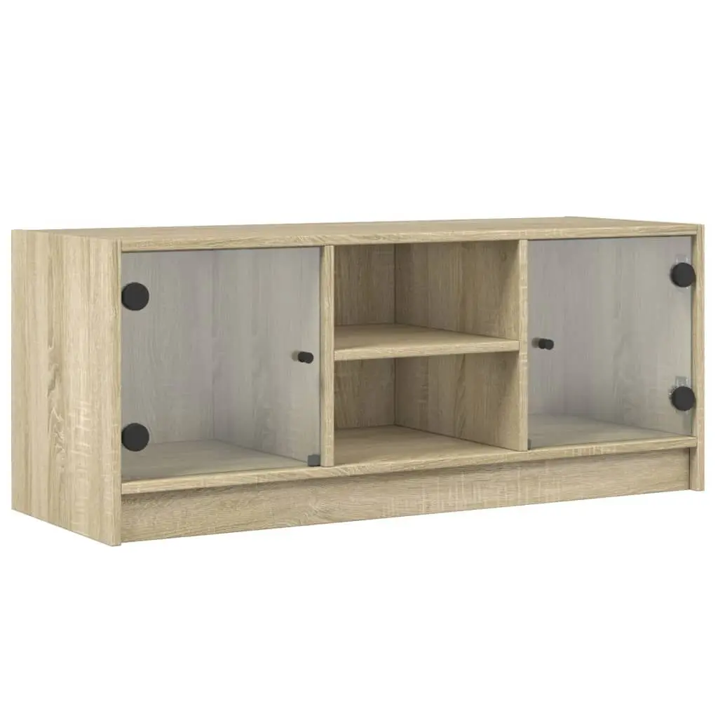 vidaXL Meuble TV avec portes en verre 102x37x42 cm en bois d'ingénierie résistant à l'humidité, design élégant et classique, grand espace de rangement pour magazines, DVD et objets, vitrines décoratives et pratiques