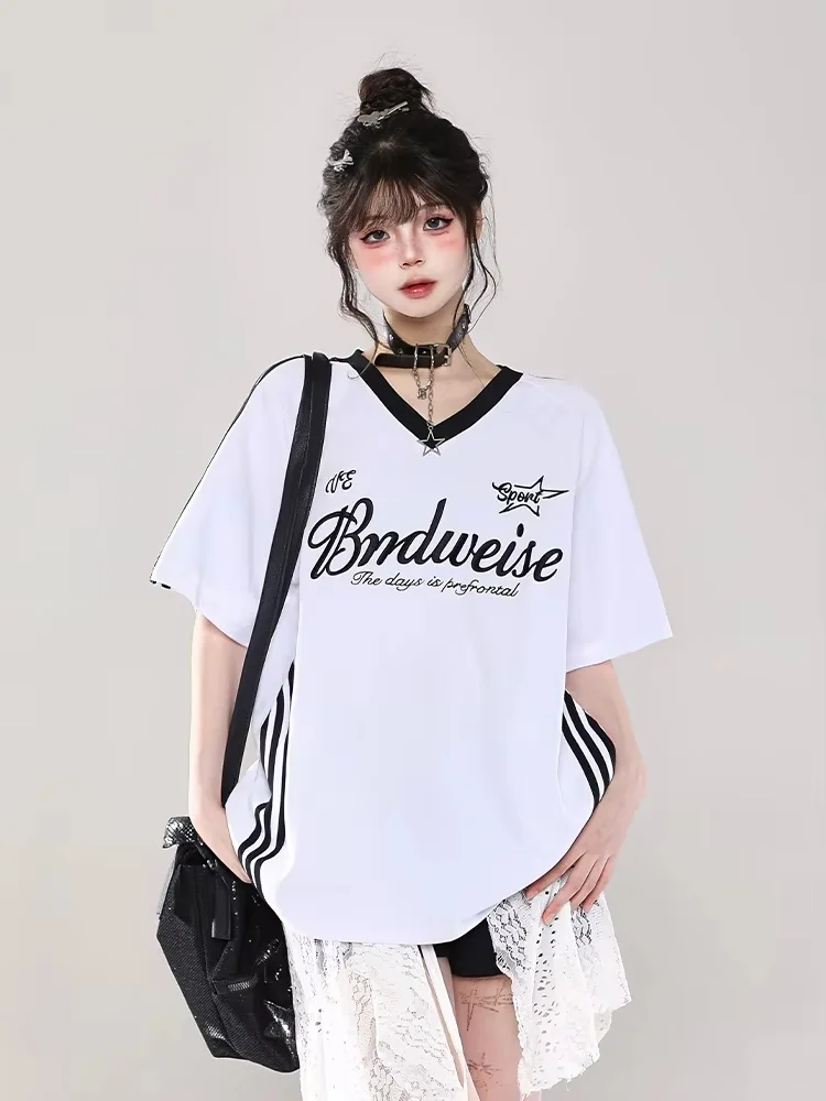 

25/26 Summer T-shirt American Korean Style Street Retro V-neck Plus Size Women's Clothing Letter Print 3D Adult Fashion Top