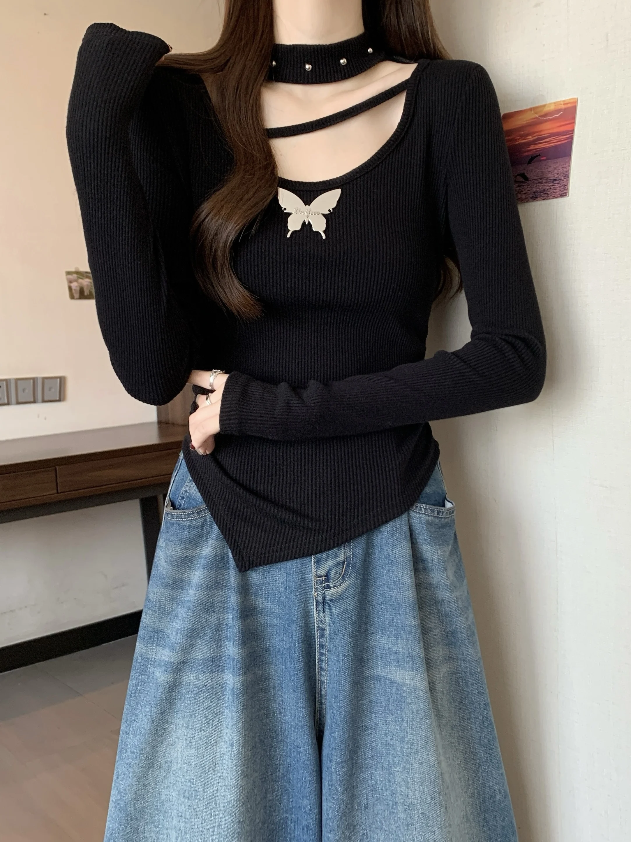 Slimming Large Size Design Sense Little Fragrance Style Long Sleeve Irregular Base Shirt T Shirt Women Spring Autumn Winter T...