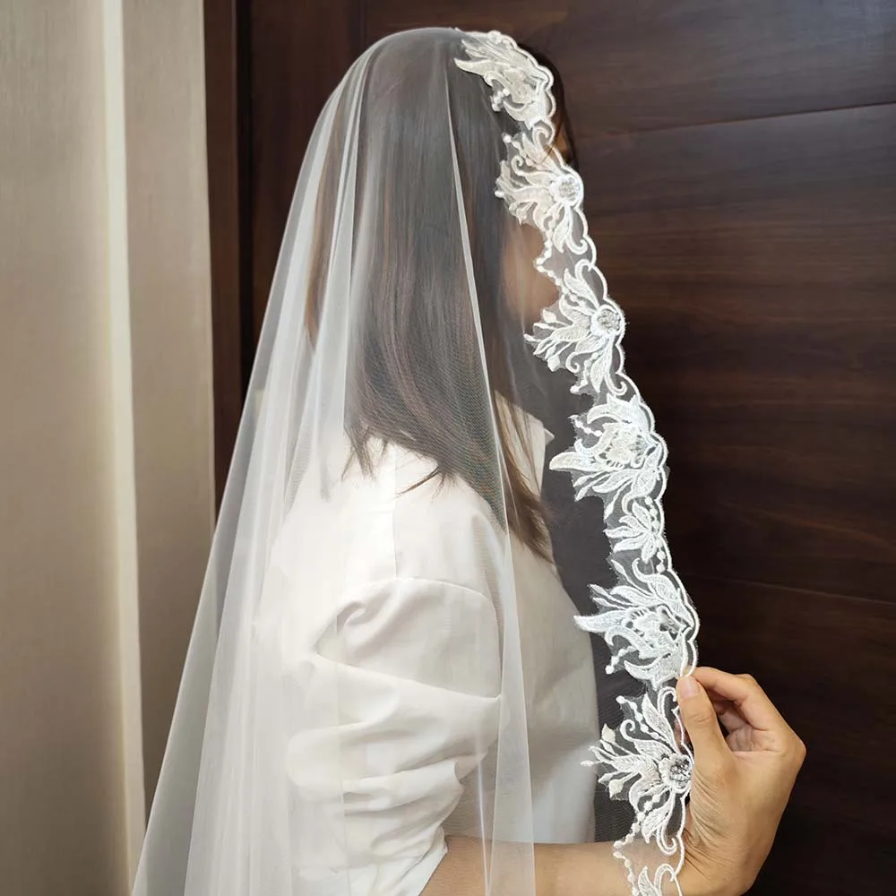 

Mantilla Lace Bridal Veil Scalloped Lace Trim Wedding Veil with Hidden Comb 1 Tier Ivory Tulle Head Veil 118" Veil for Bride