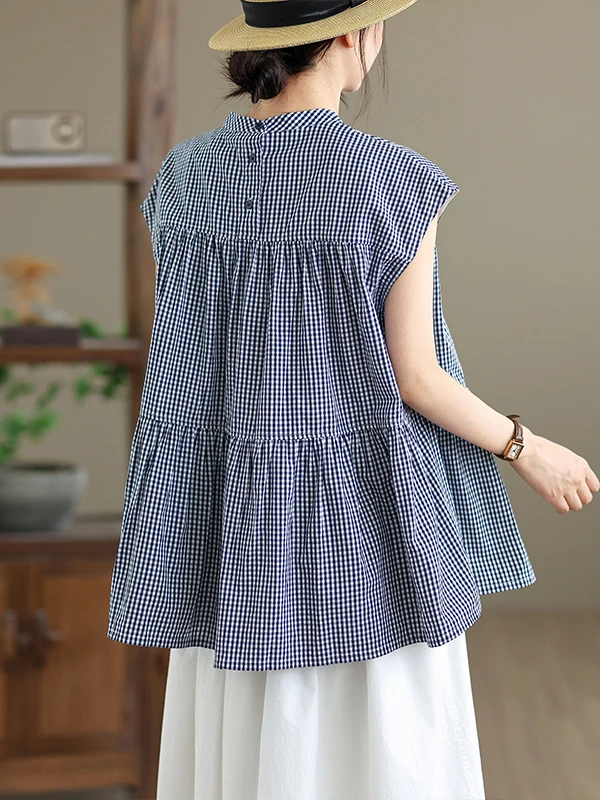 ผ้าฝ้ายแท้ลายสก๊อตสีฟ้าและสีขาวสำหรับผู้หญิงฤดูร้อนบางสบายๆหลวมรอบ Ne Top สบายระบายอากาศได้ดีหรือ Sve