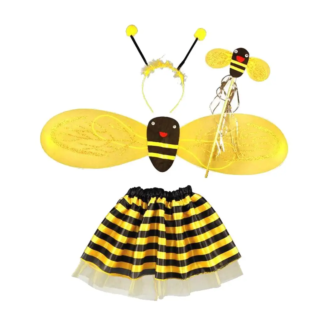 Bee Halloween-kostuum voor meisjes en jongens, verwijderbare glinsterende vleugels, feestoutfit met hoofdband en rokset