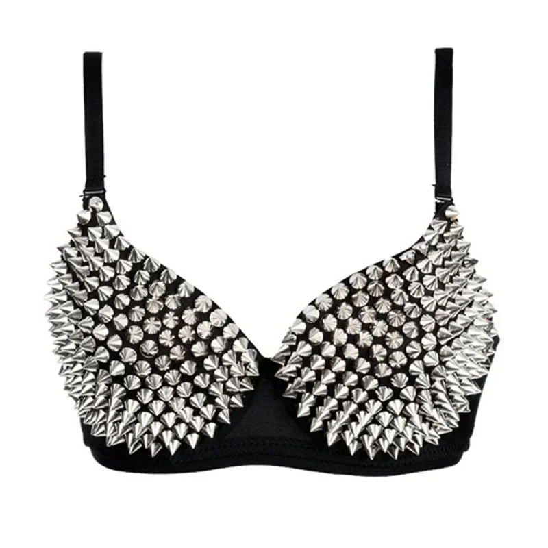 

Silver Gothic Bra Top Rivets Punk Rave Bralette Lingerie Sexy Push Up Brassiere Nightclub Party Bar Hot Fashion Women Bras