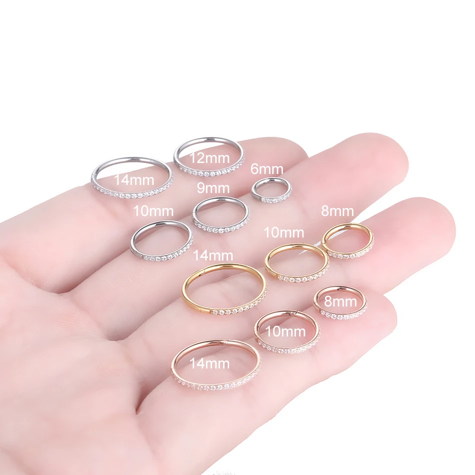 1PC 6-14MM Titanium Nose Rings Septum Clicker Piercing CZ Set Hinged Segment Ear Cartilage Tragus Earring Helix Pirsing Jewelry