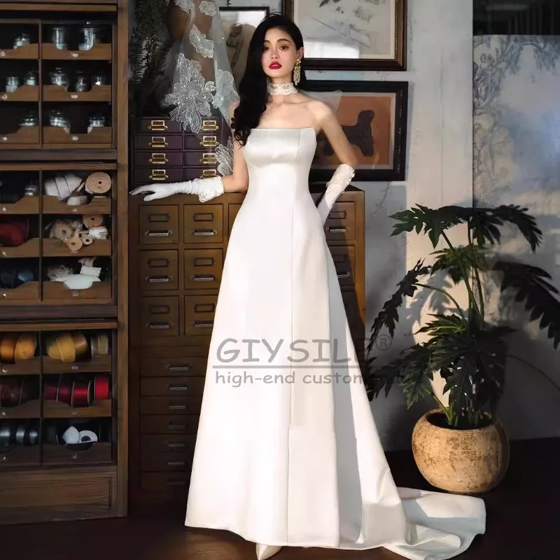 

GIYSILE Tube Top Fashion Sexy Satin Wedding Customized Dress White Simple Welcome Dress Autumn New Long Skirt Small Tail