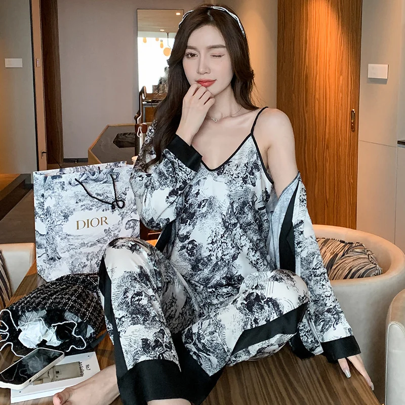 Lisacmvpnel 3 Pcs Pajamas For Women In Spring And Autumn Ice Silk Sexy Sleepwear Long Sleeve Suit Printed Fashion Nightwear