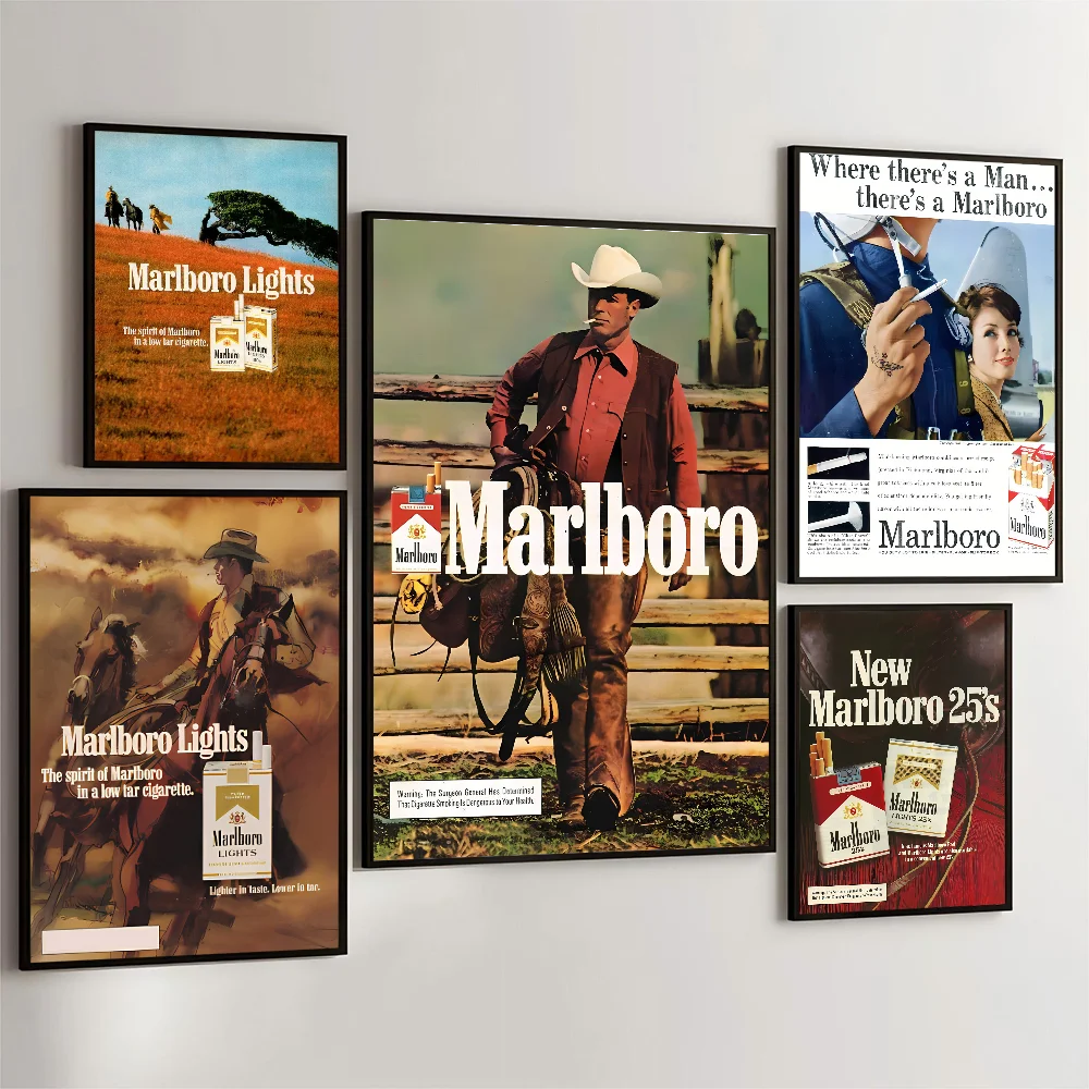 M-Marlboro Vintage Cigarettes Movie Sticky Posters Retro Kraft Paper Sticker DIY Room Bar Cafe Aesthetic Art Wall Painting