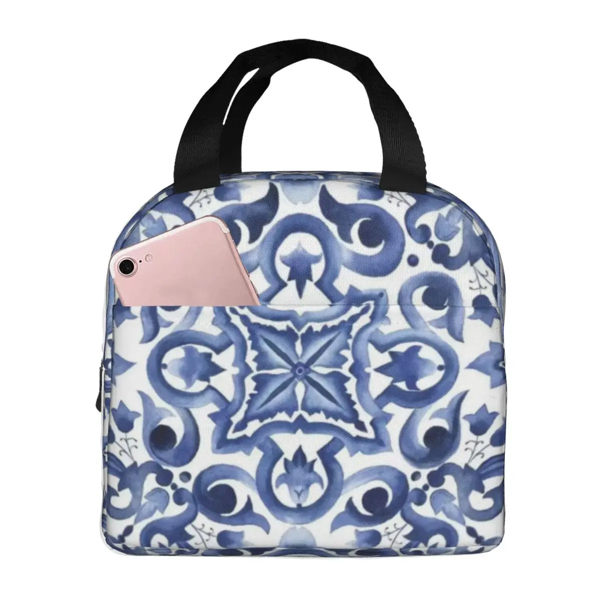 Blue Ornate Floral Mediterranean Sicilian Tile Lunch Bags Insulated Bento Box Waterproof Lunch Tote Picnic Bags Thermal Bag