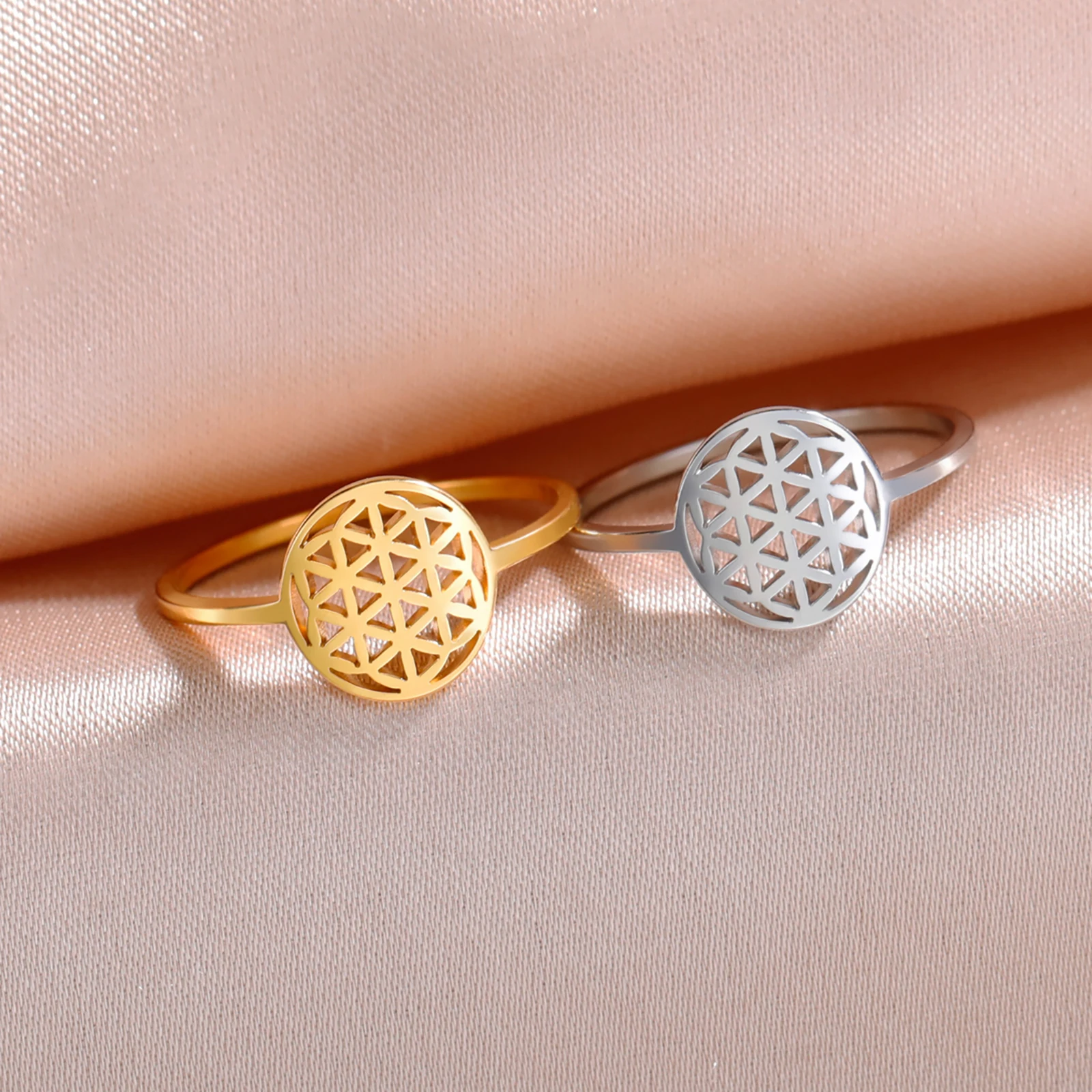 Skyrim Women Flower of Life Ring Stainless Steel Sacred Geometry Rings Vintage Amulet Jewelry Birthday Gift New In Wholesale