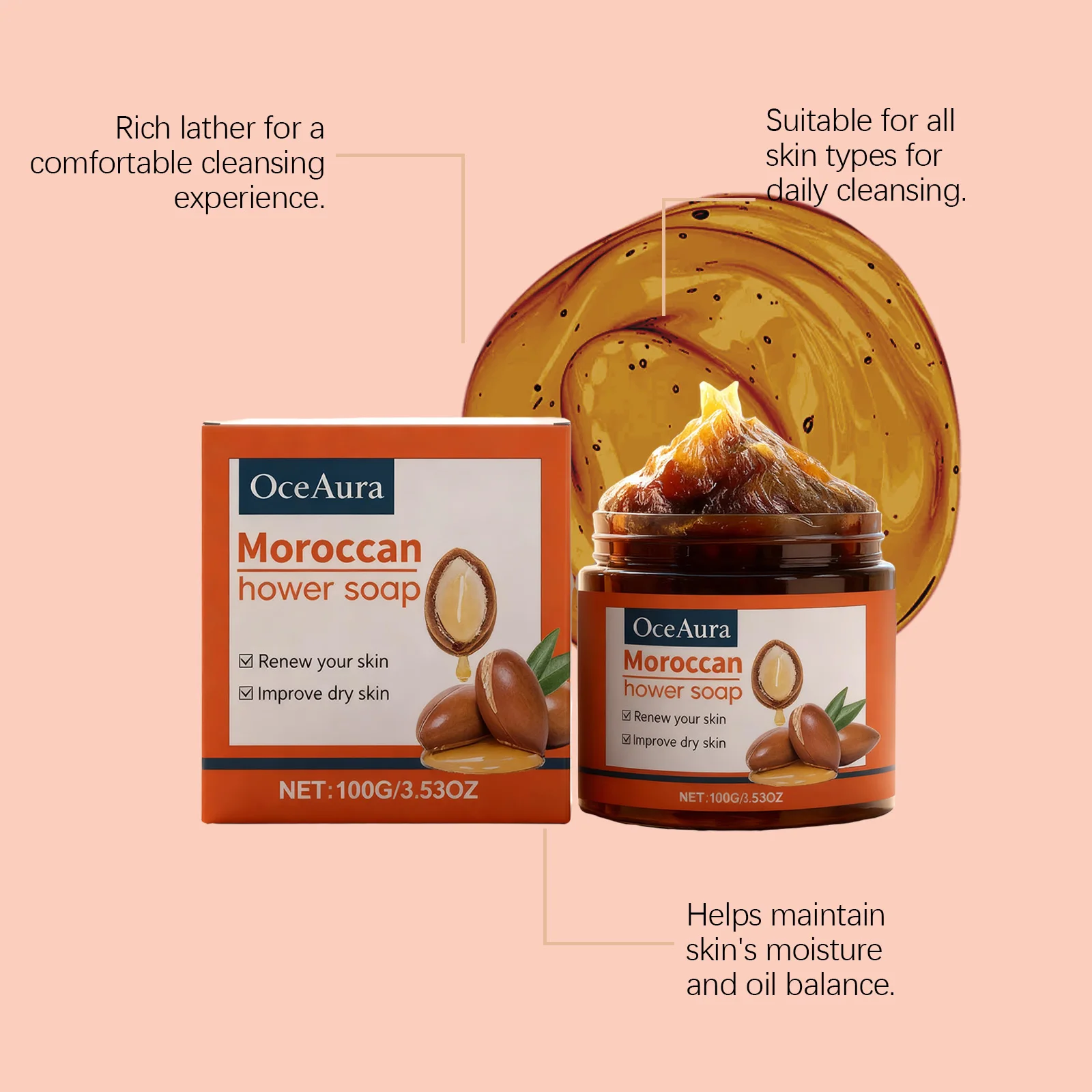 OCEAURA Moroccan Shower Soap Deeply Cleaning Removes Skin Impurities Suitable For All Skin Types Refresh Body Clean Easy to Care