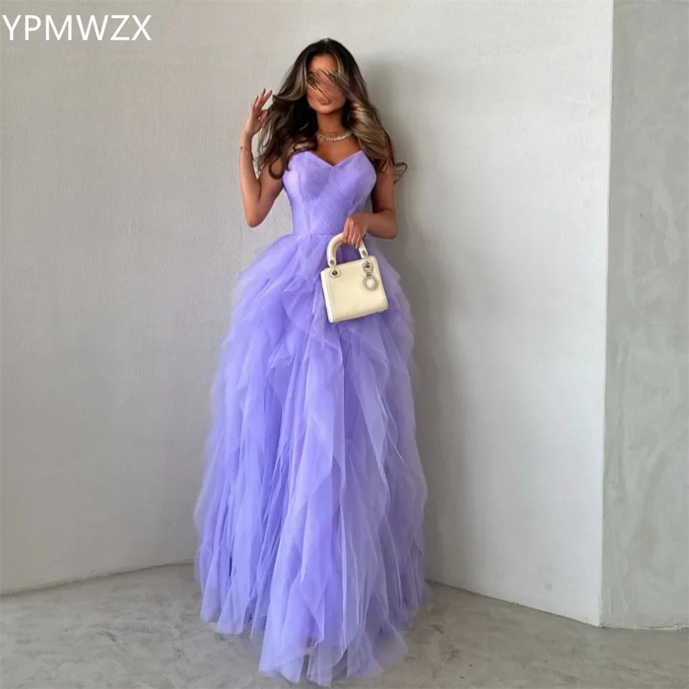 Customized Evening Dress Party Occasion Prom Gown Women YPMWZX Strapless A-line Floor Length Skirts Layered Draped Tulle Sleeve