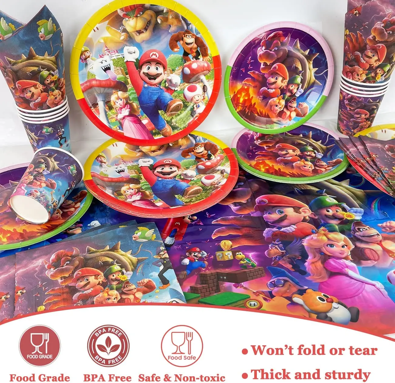 New Mario Birthday Decoration Cartoon Super Bros Party Supplies Kids Disposable Tableware Stickers Plate Balloons