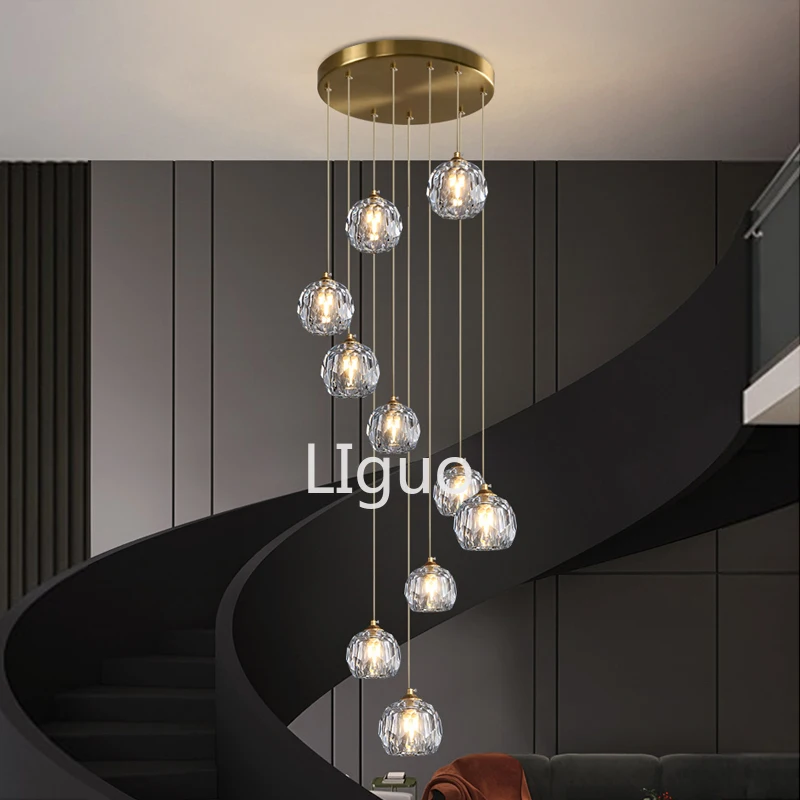 

All-copper staircase long chandelier modern minimalist duplex villa loft apartment spiral staircase light luxury crystal lamp