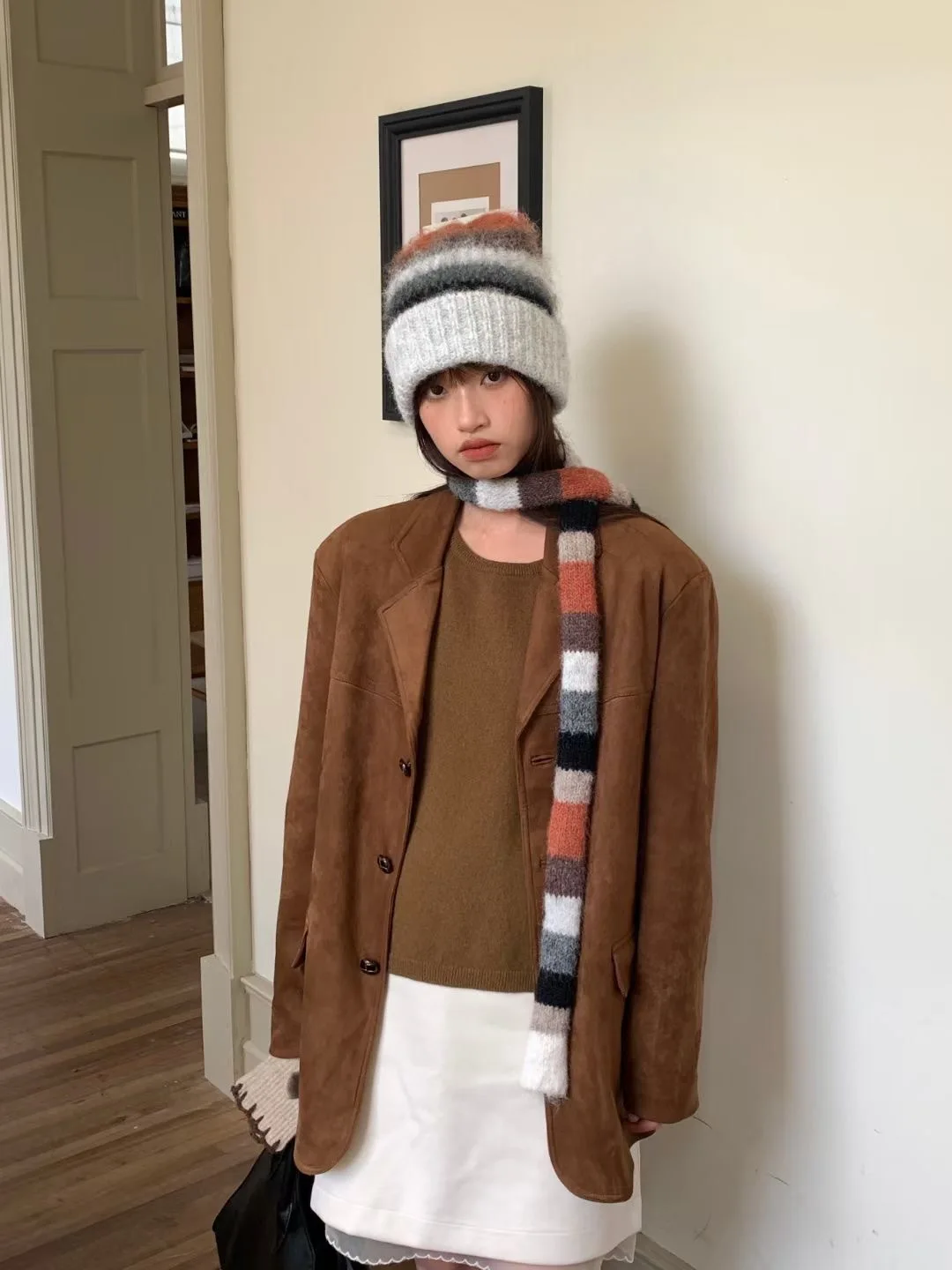 Gestreifte Regenbogen mützen Hut Schal zweiteiliges Set für Frauen & Männer Winter warme Schädel hüte Unisex Outdoor kälte feste Schal kappen Set – Detail 2