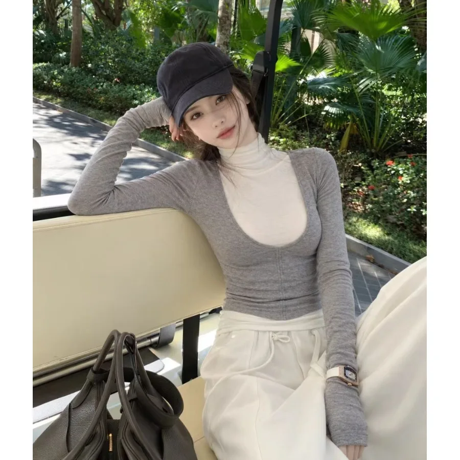 High Neck Long Sleeve T-Shirt Women's Base Layer Shirt Korean Style Versatile Paper Person Design Autumn Fashion Citywalk