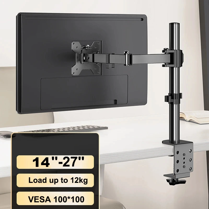 14-27 ''Screen Single Arm Monitor Holder, Articulating and Height Adjustable, Robust Structure, Compatible with VESA 75 and 100