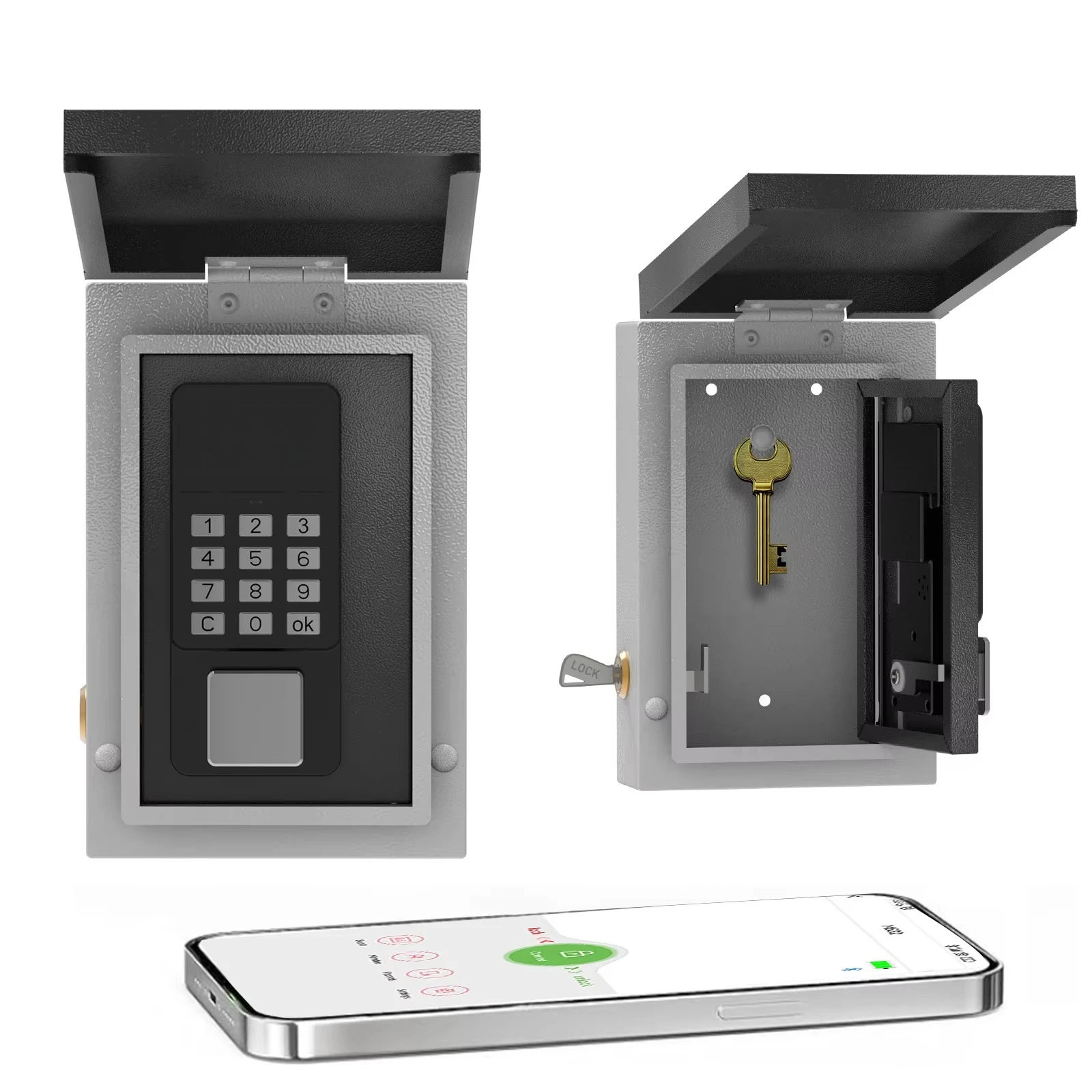 

key safe, wall-mounted door key lock box, Bluetooth/password/OTP/key unlock, waterproof key storage box.