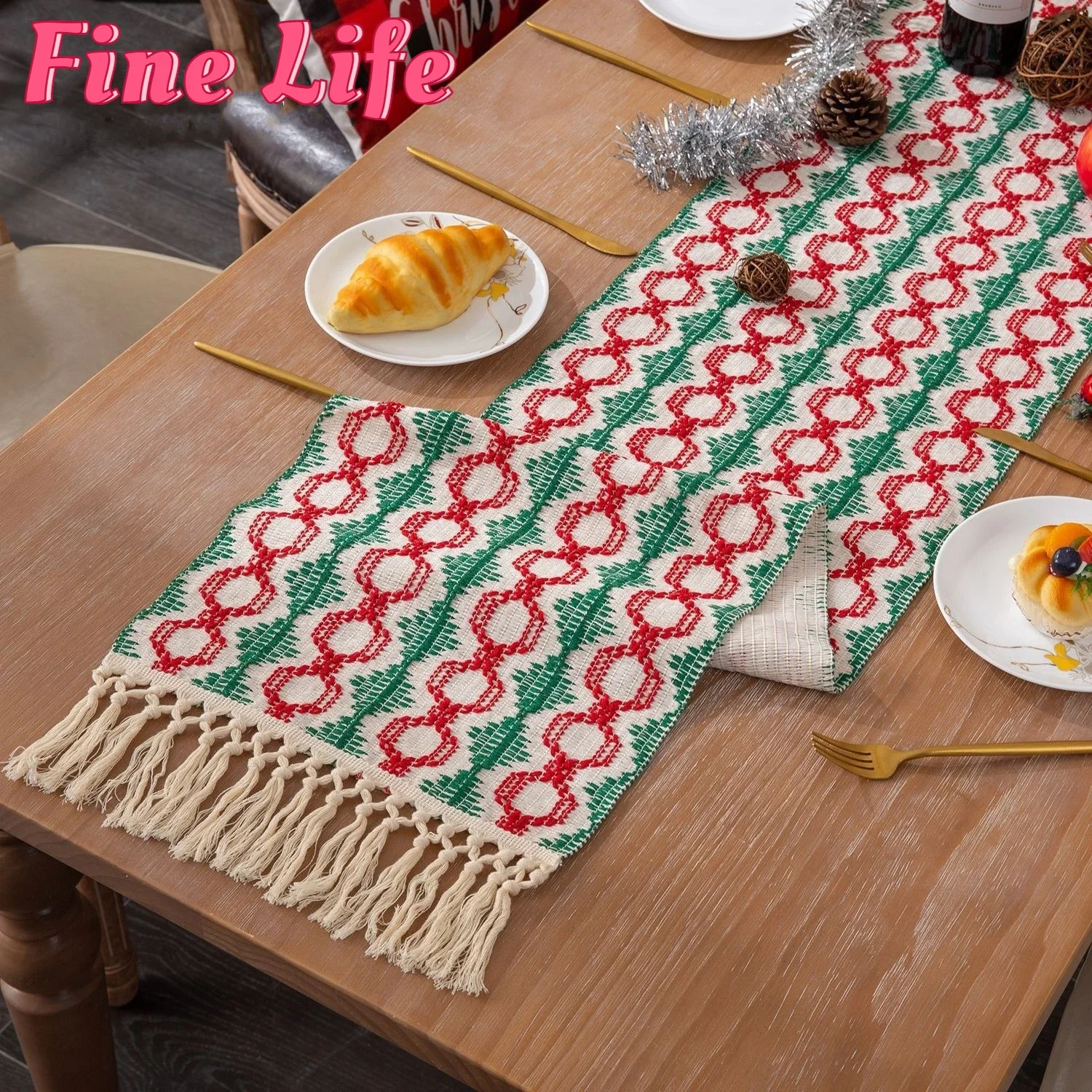 

Christmas Table Flag Cotton Woven Two-color Splicing Tassel Holiday Decoration Long Table Runner Cloth American Home Decoration