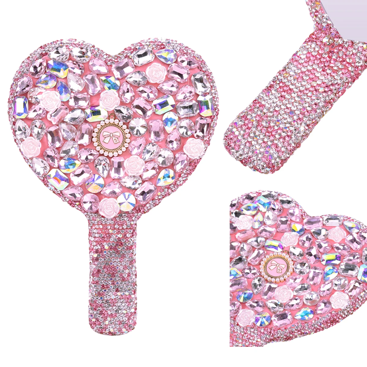 Roze Diamant Make-Up Spiegel Draagbare Liefde Hart Spiegel Vrouw Handvat Cosmetische Tool Wimper Verlenging Accessoires Handheld Spiegels