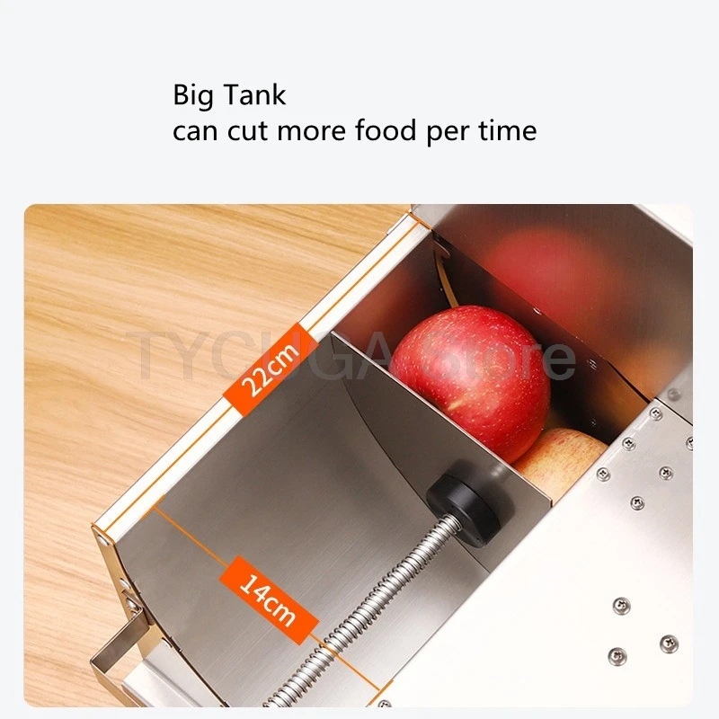 ماكينة تقطيع الفواكه والخضروات الأوتوماتيكية التجارية من الفولاذ المقاوم للصدأ ماكينة تقطيع الطعام الكهربائية بسمك قابل للتعديل 10S تقطيع سريع