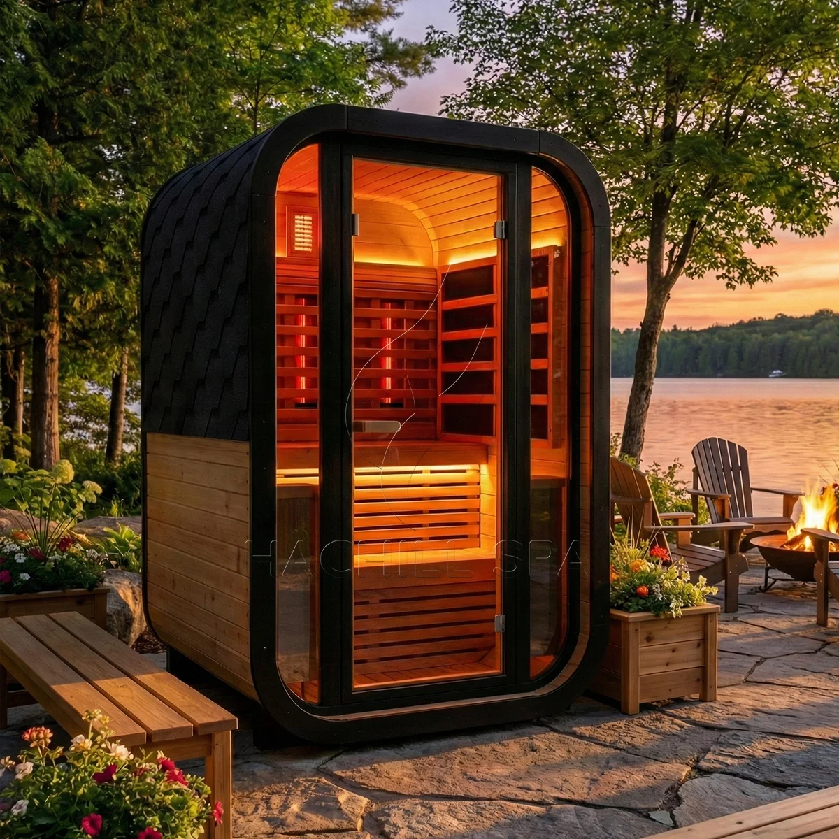 Luxury Infrared Sauna Design Indoor Outdoor Solid Wood Spruce Red Light Therapy Cube Smart Control