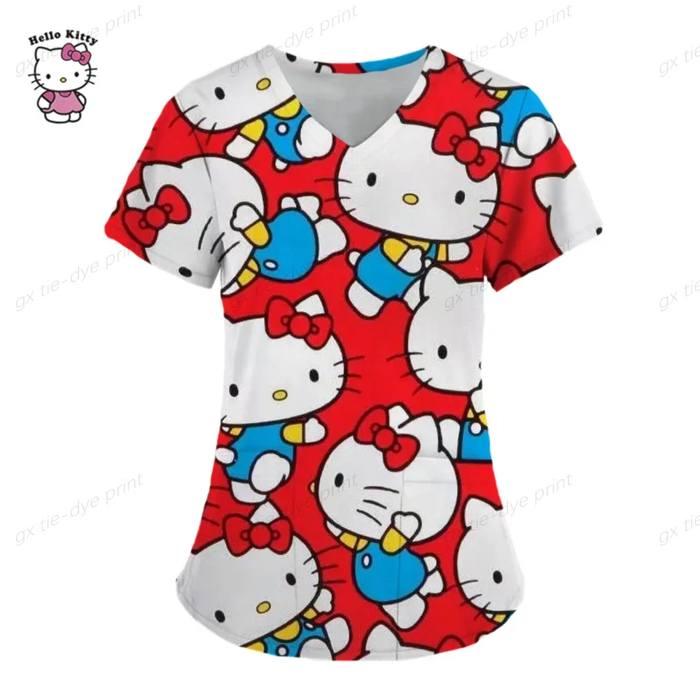Women 2023 Uniform T-shirt Hello Kitty T-shirts Nurse Uniform Pocket Hello Kitty V Neck Woman Clothes Tops Hospital Top