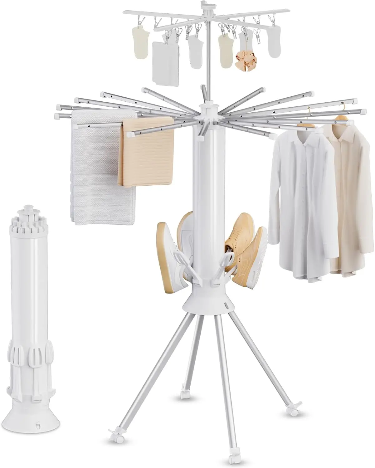 

Foldable 4-Legged Clothes Drying Rack with 20 Clips, Shoe Dryer, and Wheels for Indoor/Outdoor Use