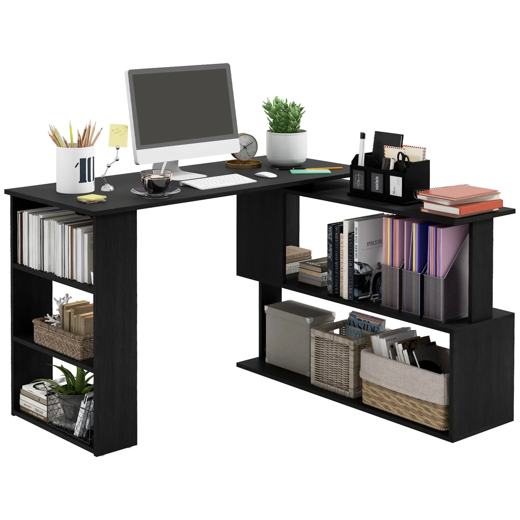 

360 ° Rotating Home Office Corner Desk and Storage Shelf Combo L-Shaped Table