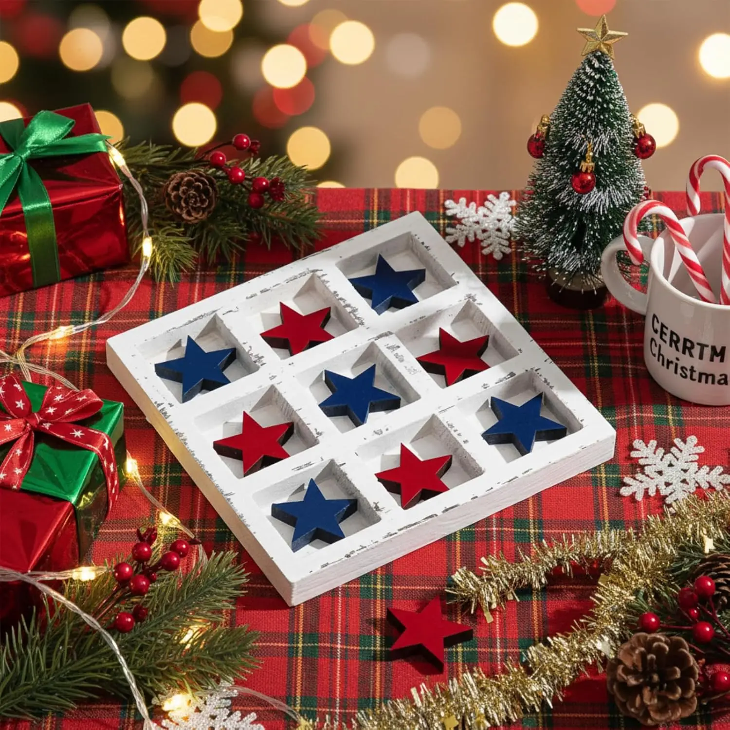

Patriotic Christmas Tic Tac Toe Game - Wood Star Decor, Red White Blue Ornaments, 7.87' x 7.87'