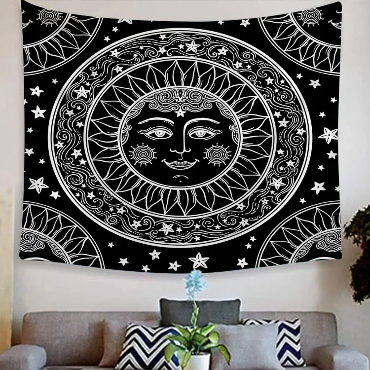 Mandala Tapestry White Black Sun and Moon Tapestry Wall Hanging Tarot Hippie Yoga Mat Dorm Decor Blanket