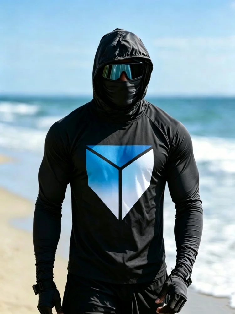 Men UPF50+ Sun Protection Hooded Shirt Gradient Geometric Print Face Cover Finger Loop Anti UV Sun Protection Top