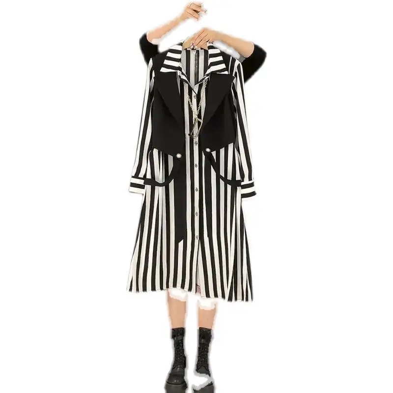 Striped Printed Midi Shirt Dresses Women\'s Spring New Single-breasted Fashion Fake Two Pieces Long Sleeve Casual Commute Dress