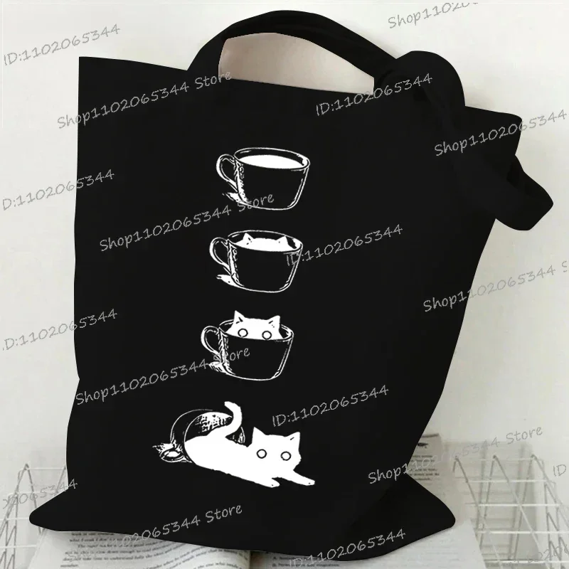 Fashion Canvas Tote Bag Cup of Black Cat Print Large Capacity Teen Shoulder Shopping Bag Cartoon Fashion Kitten Women\'s Handbags