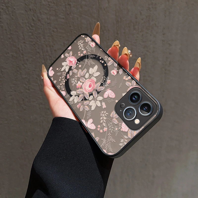 Casing HP iPhone 17 Pro Max Motif Bunga Silikon Untuk Magsafe, Casing iPhone 16 15 13 12 14 11 17 Pro Max, Cover Magnetik Air