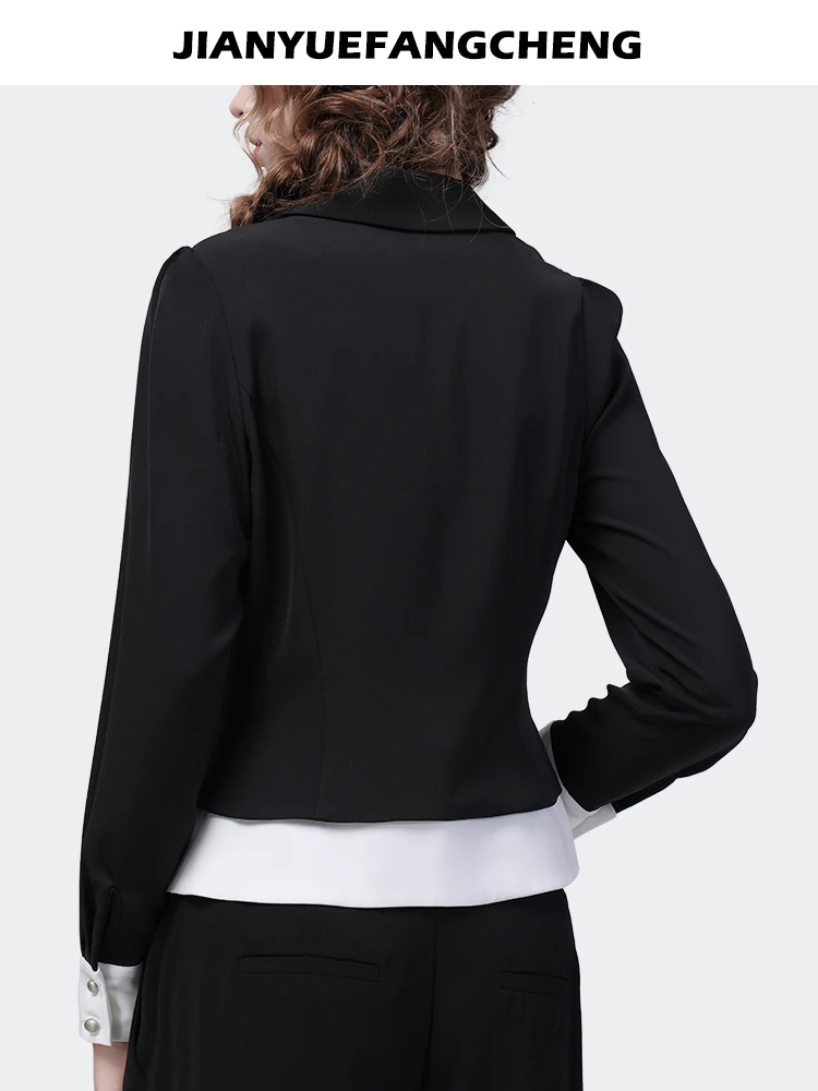 2024 Spring New Fake Two Pieces Design Women Long Sleeve Shirt Elegant Slim Black-white Color Blocking Work Casual Blouses