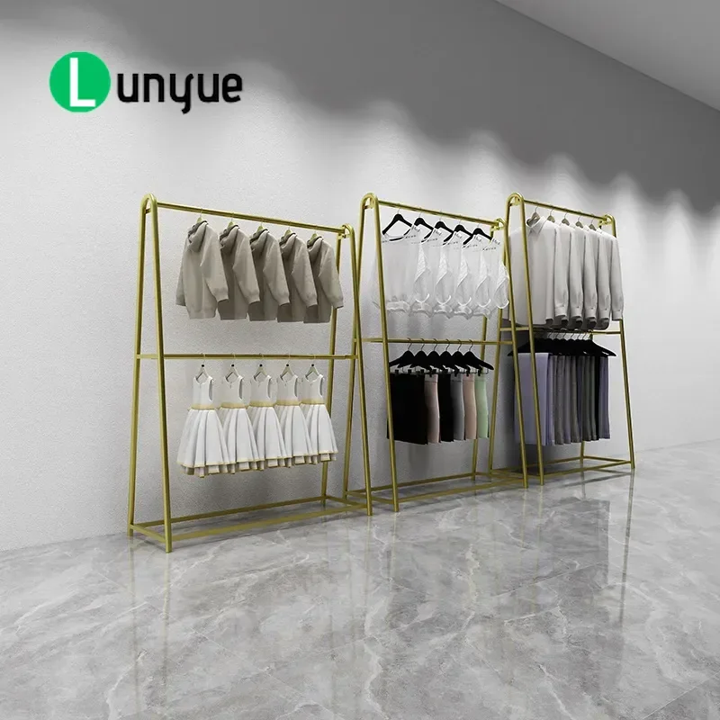 Gold Double Layer Clothing Display Rack Bold Floor to Ceiling Hanger for Women and Children Clothes Store Retail Shop Fixture