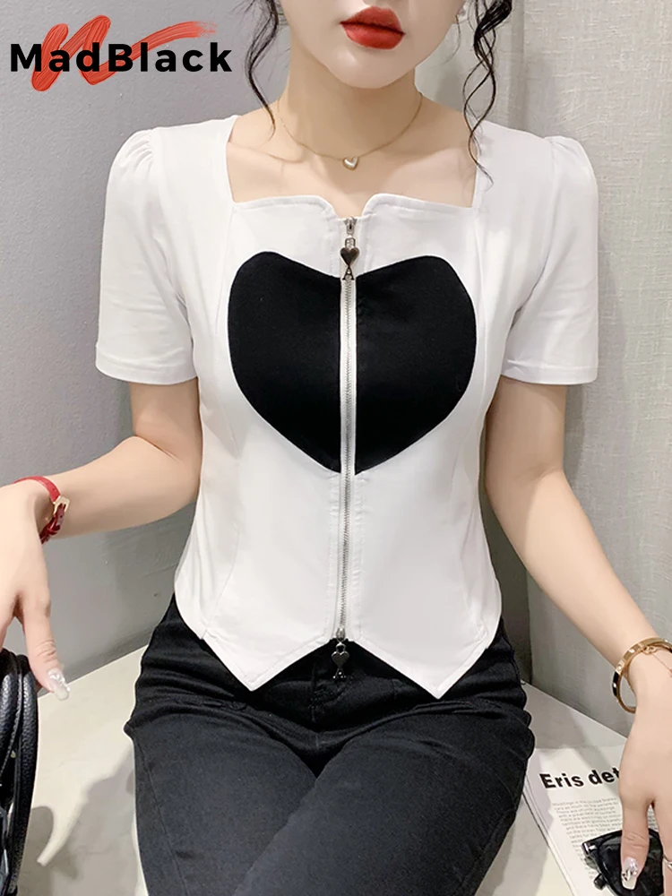 MadBlack Summer European Clothes V Necks T-Shirts Ladies Sexy Double Zipper Heart Slim Short Tops Cardigan Short Sleeve T34412C