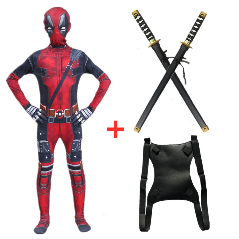 Child Deadpool Cosplay Jumpsuit Movie Hero Character Mask Bodysuit Dagger Toy Set Halloween New Year Costume with Sword Bag Gift