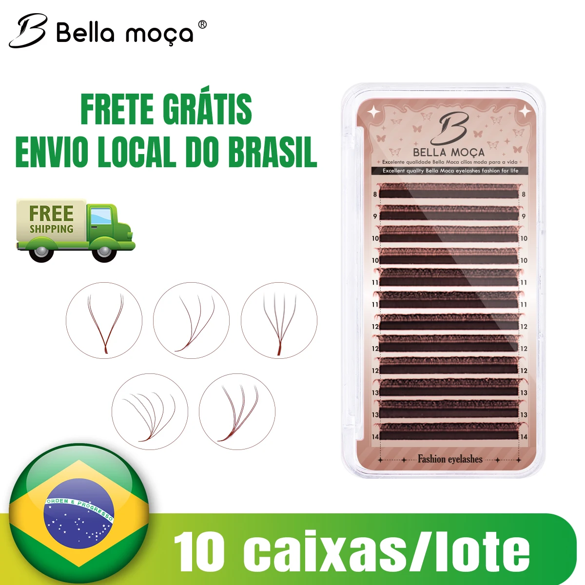 Cílios Postiços Bella Moça 10pcs Castanho YY/3D/4D/5D Formato W Curvatura D/M de Alta Qualidade, Extensões de Cílios de Visón Sintético, Envio do Brasil