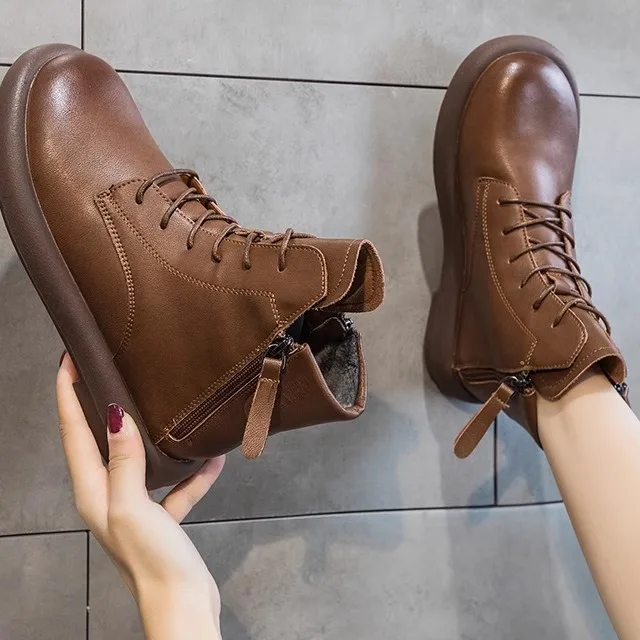 

Genuine Leather Boots Women's Zipper Casual Shoes High Top Rubber Outsole round Toe Low Heel All Season Booties