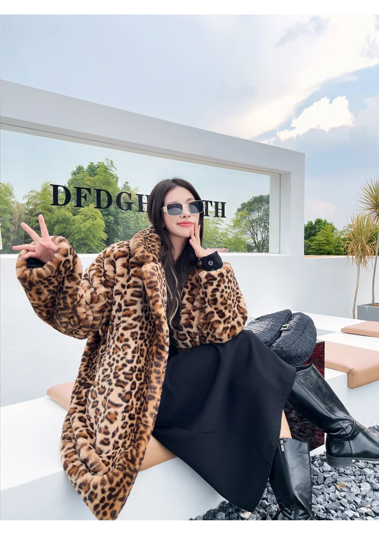 Abrigo de piel sintética con estampado de leopardo personalizado para mujer, chaqueta con solapa, ropa de calle, abrigos de invierno, promoción