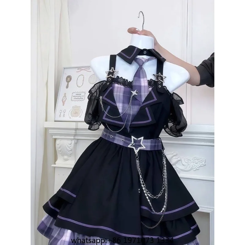 Japanese Idol Style Off Shoulder Plaid Puff Dress Women Y2k Short Sleeve Patchwork Pleated Mini Dress Sweet Kawaii Stage Outfit