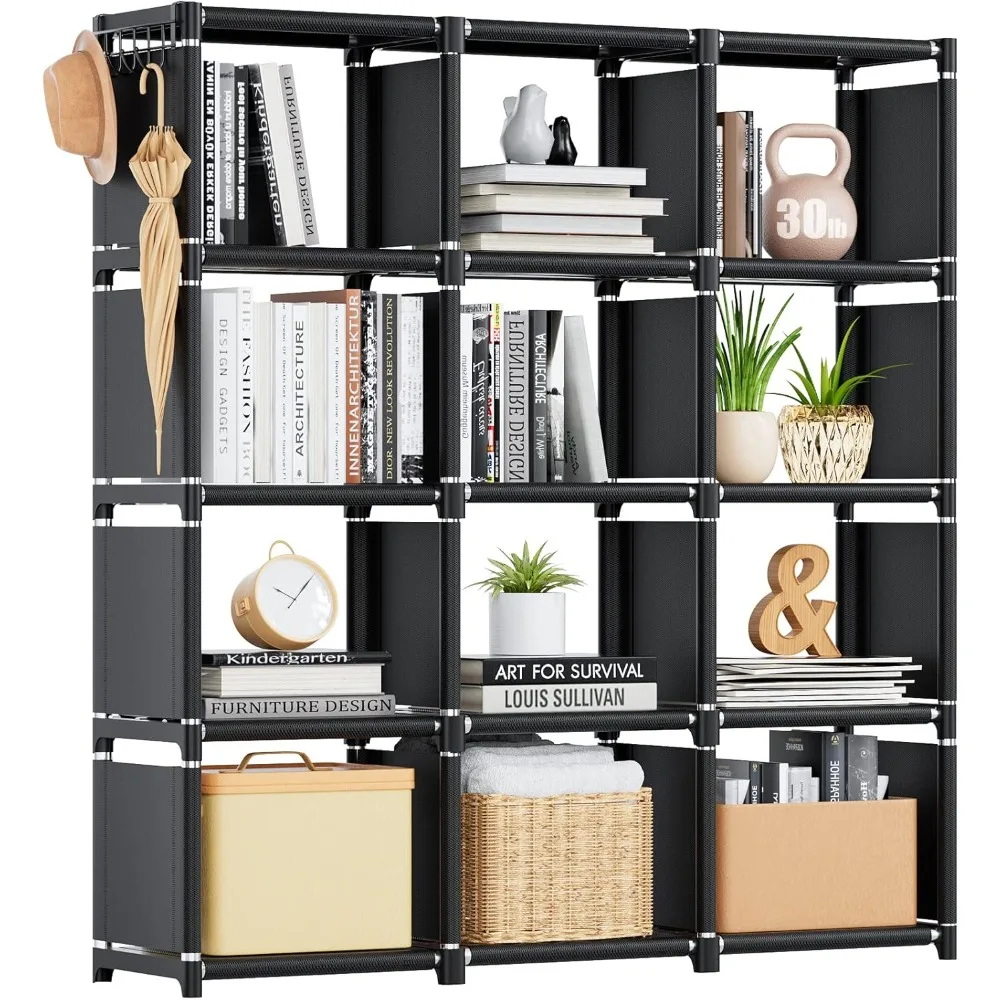 

Book Shelf, 12 Cube Storage Organizer,DIY Bookcase, Metal Bookshelf,Tall Book case for Bedroom,Living Room,Office,Closet Storage