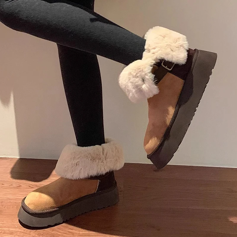 Nowe Śniegowce Damskie Platformy Pluszowe Buty Płaskie Sneakersy 2025 Zimowe Ciepłe Botki Chelsea Casualowe Buty Sportowe Wygodne Mujer Botas