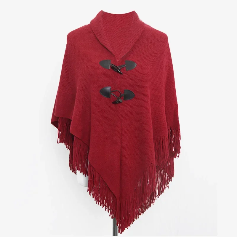 Spring Autumn New Style Shawl Cape Tassel Ox Horn Buckle Solid Color Irregular Double-Layer Tassel Cloak Shawl Sunscreen Red 11