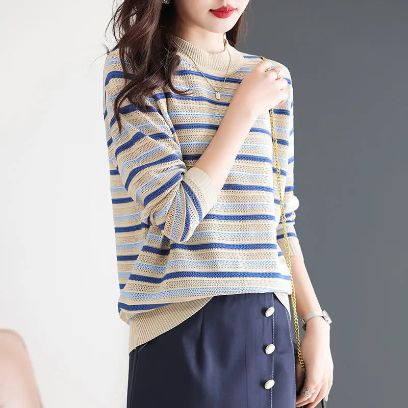 New Striped Knitting Shirt Spring and Autumn Thin Bottom Women\'s Inner Wear and Outer Wear All-match Hollow Sweater Women