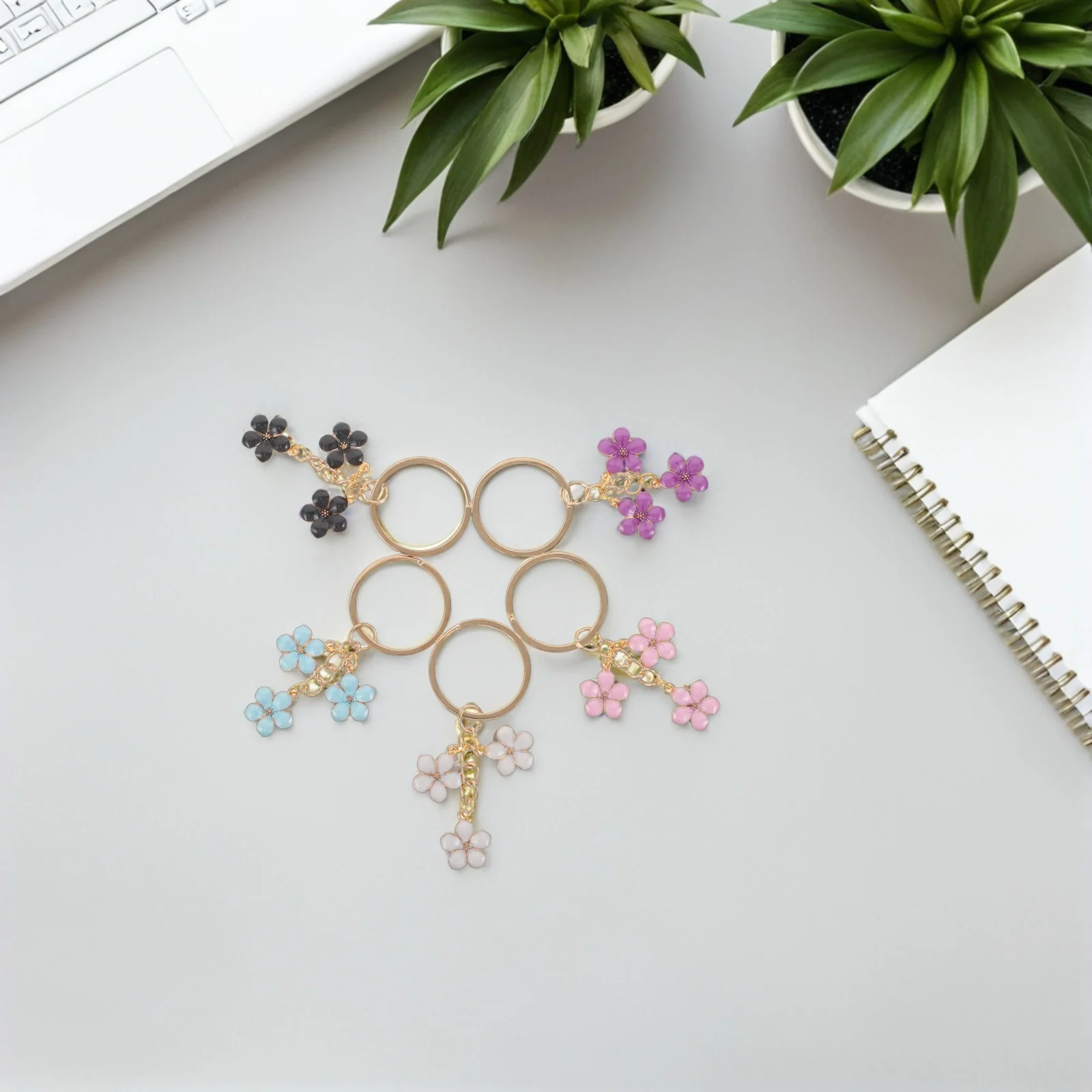 

5Pcs Cherry Blossom Keychains Delicate Enamel Flower Charms Backpack Purse Wallet Decoration Cute Alloy Charm Set