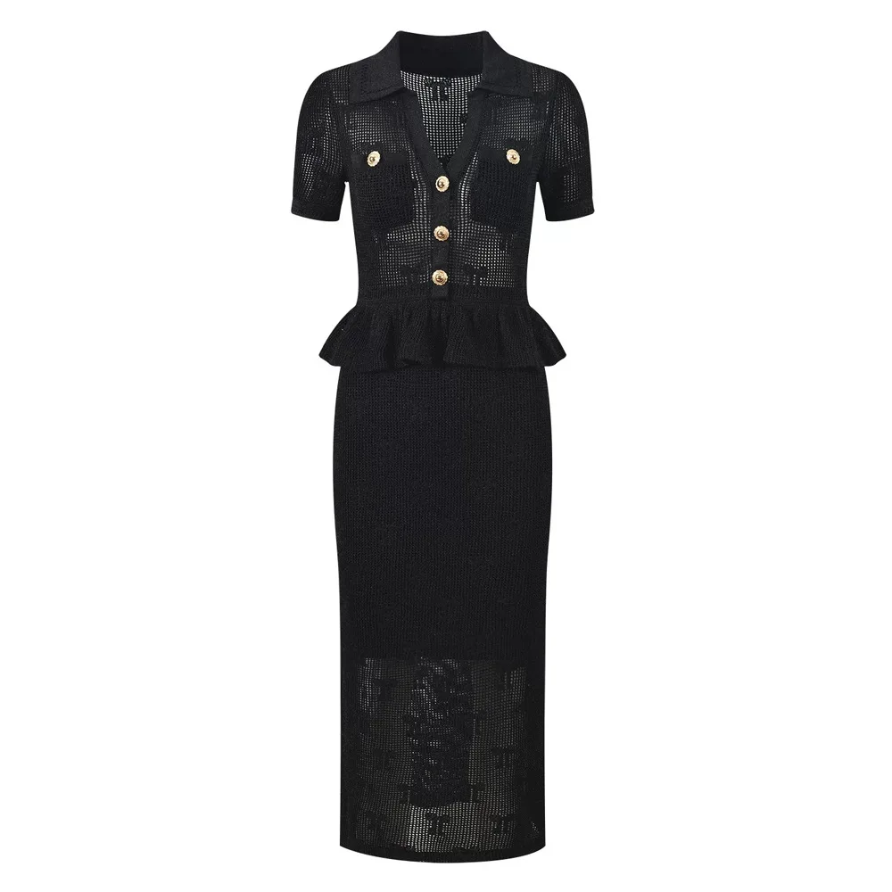 

2026 spring/summer women's new patchwork knitted fake two-piece dress short sleeved V-neck formal and evening dresses